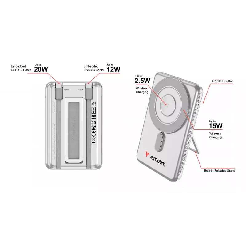 Verbatim Charge'n'Go 2C Power Bank 5000 mAh Srebrny, 5000 mAh, Polimer litowy (LiPo), Adaptive Fast Charging, Power Delivery 3.0, Quick Charge 3.0, Ładowanie bezprzewodowe, 3,85 V, 20 W