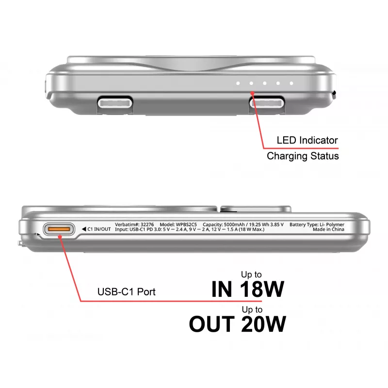 Verbatim Charge'n'Go 2C Power Bank 5000 mAh Srebrny, 5000 mAh, Polimer litowy (LiPo), Adaptive Fast Charging, Power Delivery 3.0, Quick Charge 3.0, Ładowanie bezprzewodowe, 3,85 V, 20 W