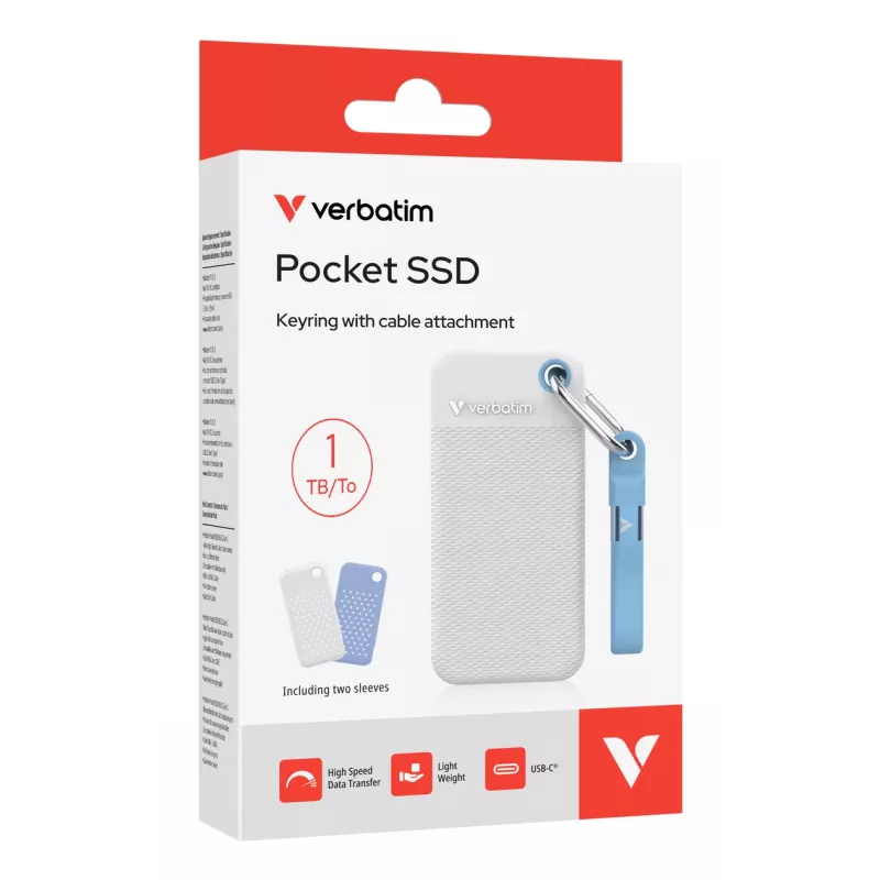 Verbatim Pocket SSD USB 3.2 Gen 2 1 TB biały/jasnoniebieski z dwoma gumowymi osłonami