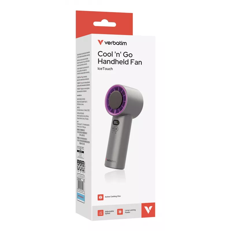 Verbatim Cool’n’Go IceTouch Handheld Fan szary/fioletowy, szary, fioletowy, 1 fan(s), Handheld fan, 1 szt., 8 W, Lithium-Ion (Li-Ion)