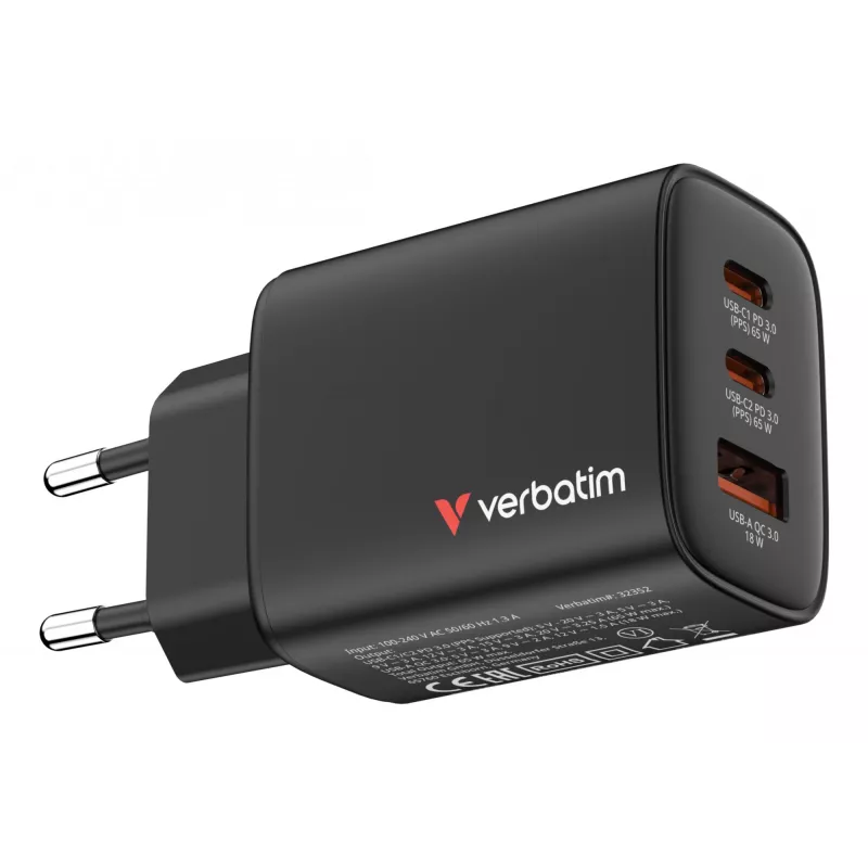 Ładowarka Verbatim Essentials GaN 65W z wtyczką EU, czarna, do użytku wewnątrz pomieszczeń, AC, 20 V, czarna