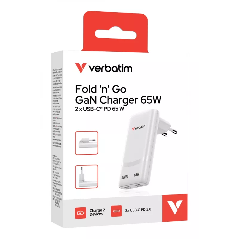 Verbatim Fold 'n' Go GaN Charger 65W EU plug biały