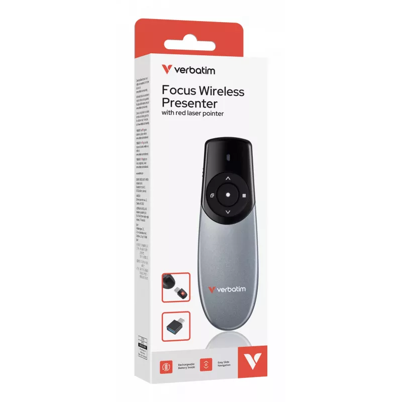 Prezenter bezprzewodowy Verbatim Focus z czerwonym wskaźnikiem laserowym, RF, USB, 30 m, czarny, srebrny