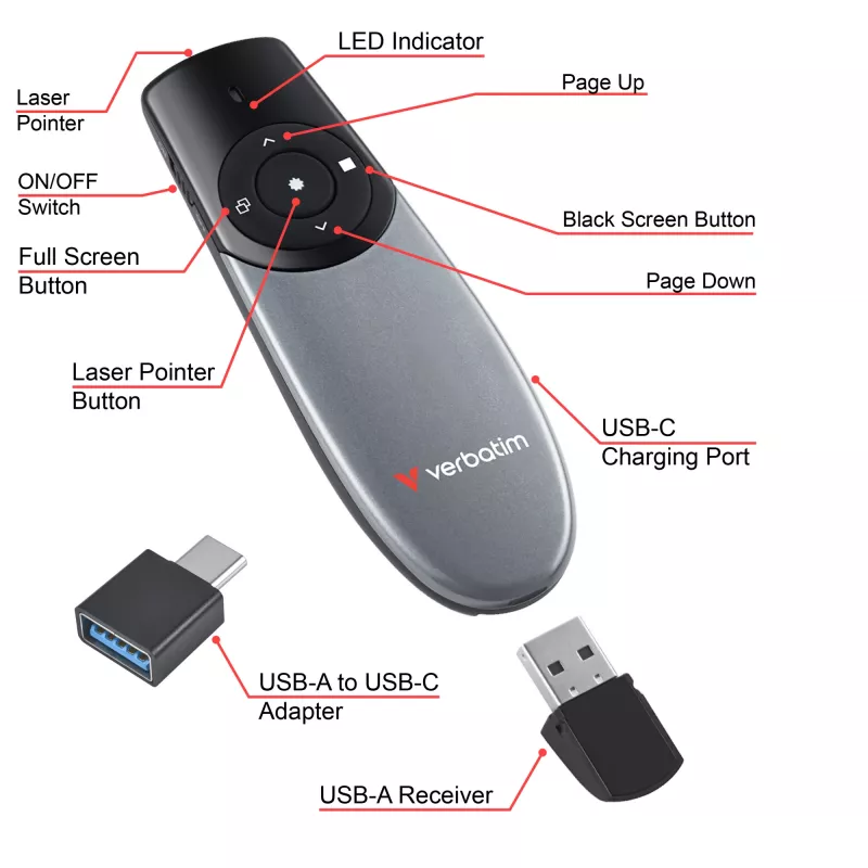 Prezenter bezprzewodowy Verbatim Focus z czerwonym wskaźnikiem laserowym, RF, USB, 30 m, czarny, srebrny