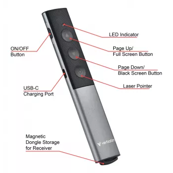 Verbatim Agenda Bezprzewodowy Prezenter z Czerwonym Wskaźnikiem Laserowym, RF, USB, 100 m, Czarny, Srebrny