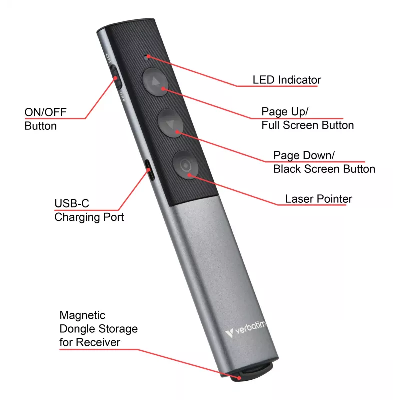 Verbatim Agenda Bezprzewodowy Prezenter z Czerwonym Wskaźnikiem Laserowym, RF, USB, 100 m, Czarny, Srebrny
