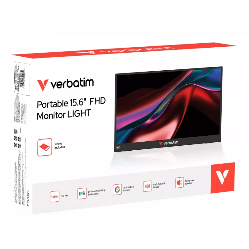 Przenośny monitor Verbatim Portable 15.6 inch FHD Monitor LIGHT, 39,6 cm (15,6 inch), LCD, 1920 x 1080 pikseli, Full HD, 16:9, 10 ms