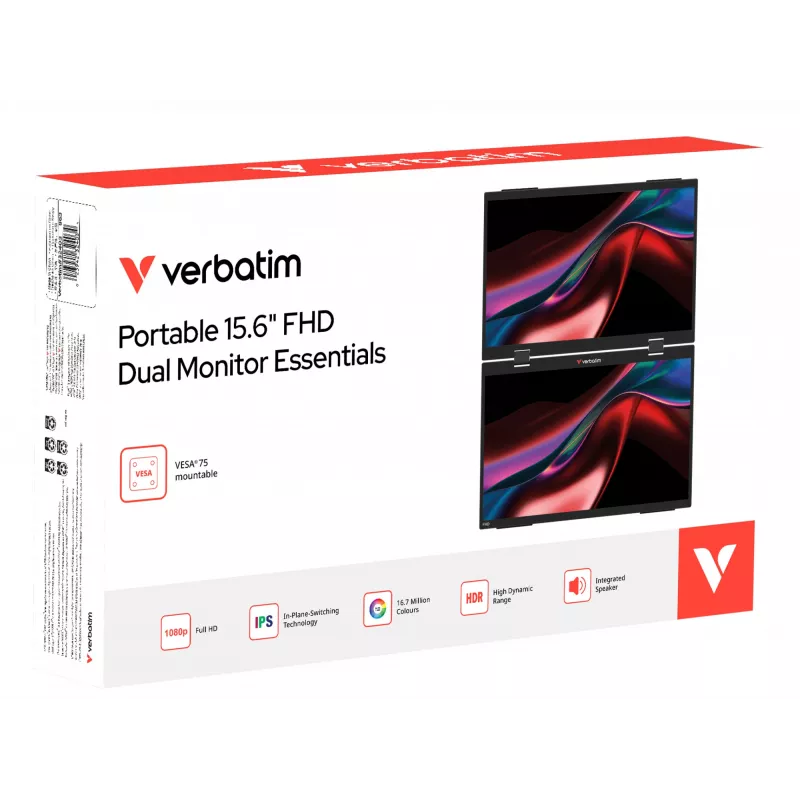 Verbatim Portable 15.6 inch FHD Dual Monitor Essentials, 39,6 cm (15,6 cala), LCD, 1920 x 1080 pikseli, Full HD, 16:9, 10 ms