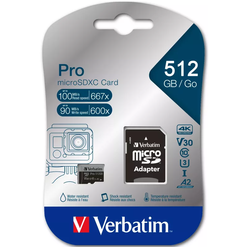 Verbatim Pro U3 512GB Karta microSDXC, 512 GB, MicroSDXC, Class 10, UHS-I, 100 MB/s, 90 MB/s