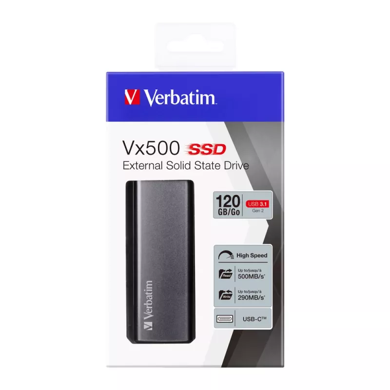 Verbatim Vx500 zewnętrzny dysk SSD USB 3.1 Gen 2 120 GB, 120 GB, USB Type-C, 3.2 Gen 2 (3.1 Gen 2), 500 MB/s, srebrny
