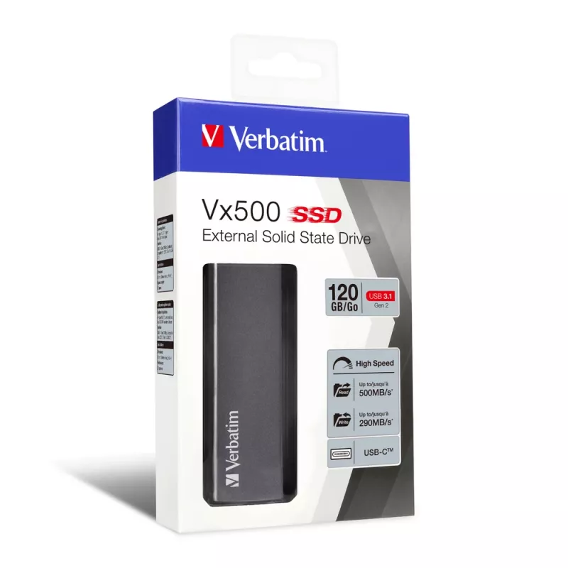 Verbatim Vx500 zewnętrzny dysk SSD USB 3.1 Gen 2 120 GB, 120 GB, USB Type-C, 3.2 Gen 2 (3.1 Gen 2), 500 MB/s, srebrny