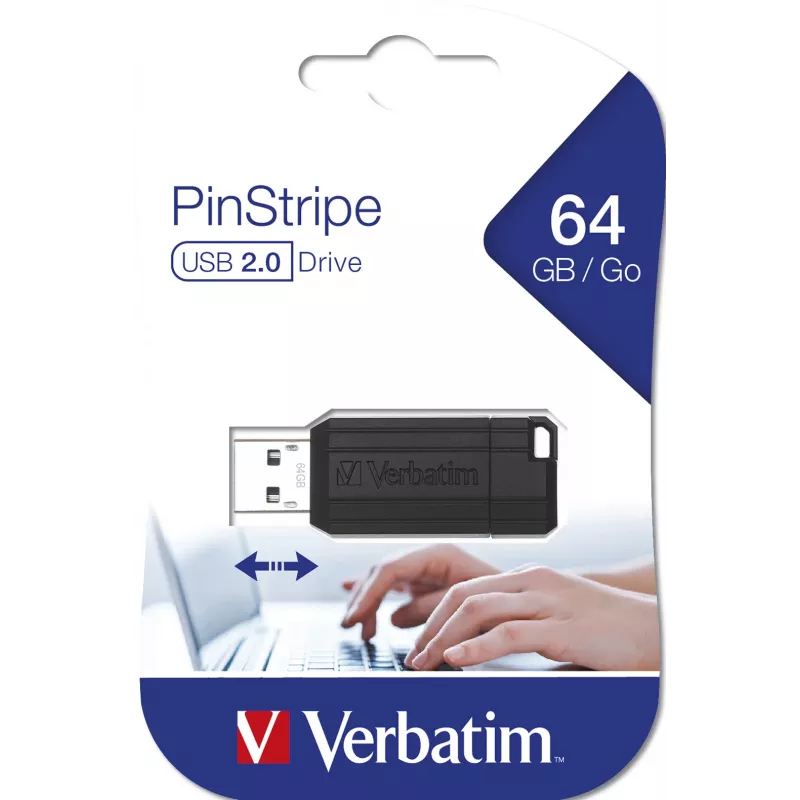 Verbatim PinStripe - Pamięć USB 64 GB - Czarny, 64 GB, USB Typ-A, 2.0, 10 MB/s, Wsuwana, Czarny