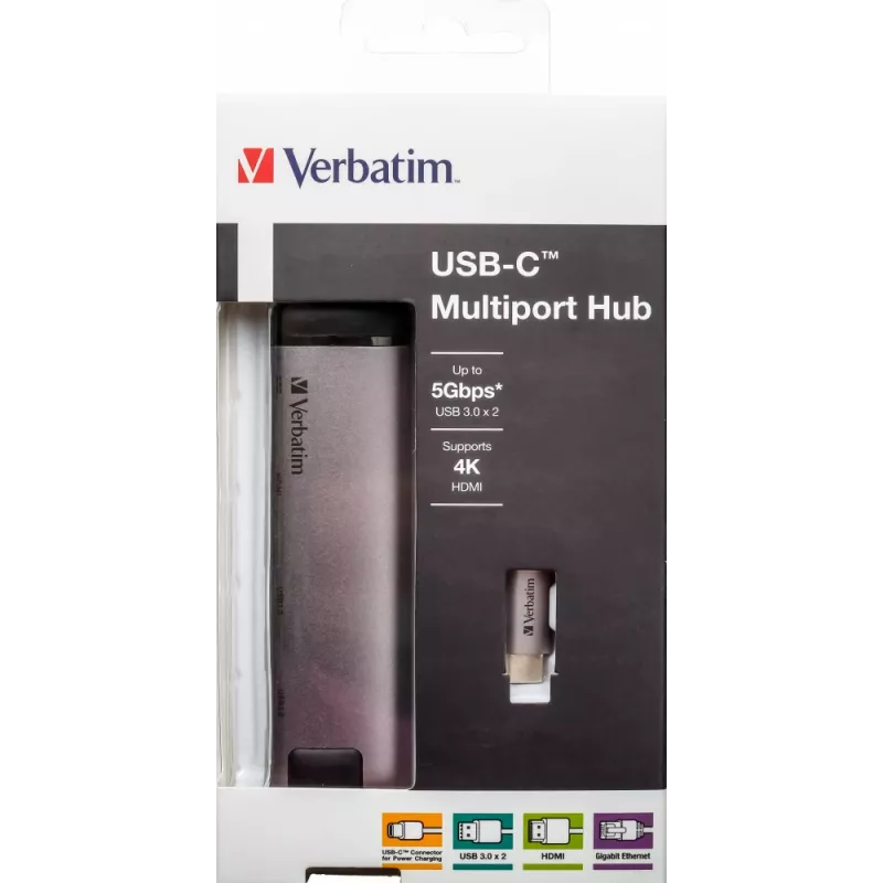 Verbatim 49141 stacja dokująca/replikator portów do laptopa USB 3.2 Gen 1 (3.1 Gen 1) Type-C Czarny, Srebrny