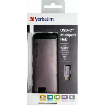 Verbatim 49142 stacja dokująca/replikator portów do laptopa USB 3.2 Gen 1 (3.1 Gen 1) Type-C Czarny, Srebrny