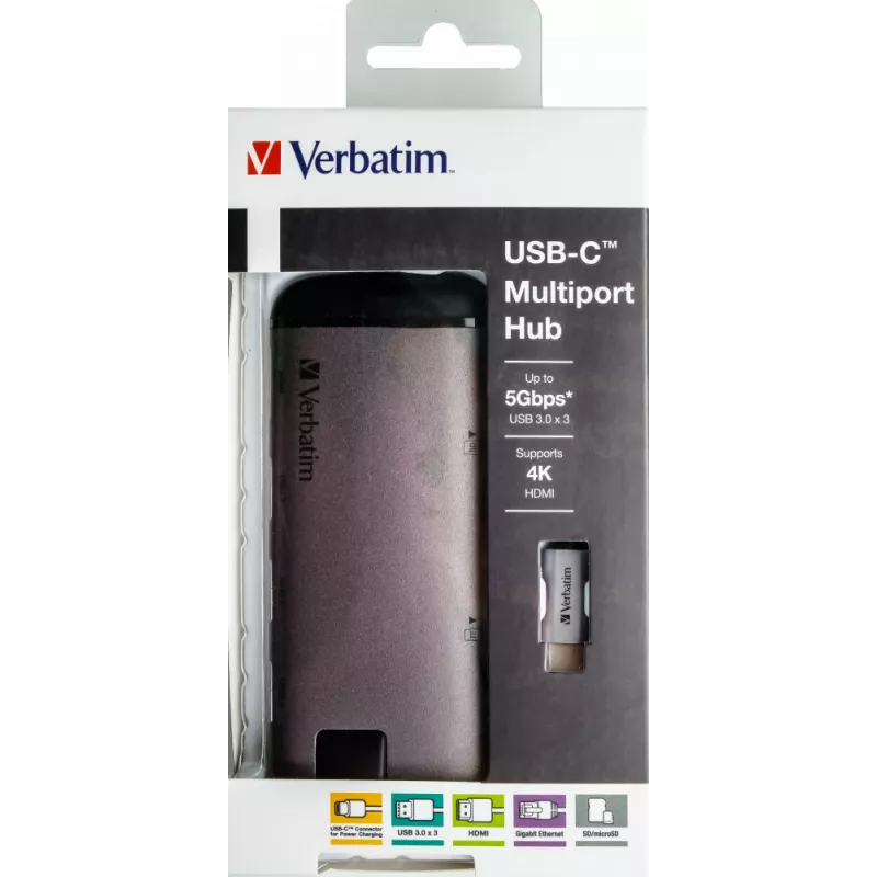 Verbatim 49142 stacja dokująca/replikator portów do laptopa USB 3.2 Gen 1 (3.1 Gen 1) Type-C Czarny, Srebrny