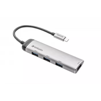 Verbatim USB-C Multiport Hub Czteroportowy koncentrator USB 3.2 Gen 1, USB 3.2 Gen 1 (3.1 Gen 1) Typ-C, USB 3.2 Gen 1 (3.1 Gen 1) Typ-A, 5000 Mbit/s, Szary, Aluminium, Tworzywo sztuczne, 0,15 m