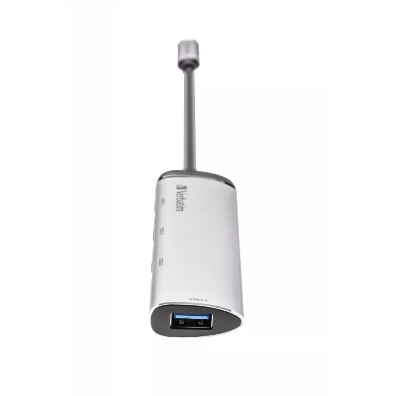 Verbatim USB-C Multiport Hub Czteroportowy koncentrator USB 3.2 Gen 1, USB 3.2 Gen 1 (3.1 Gen 1) Typ-C, USB 3.2 Gen 1 (3.1 Gen 1) Typ-A, 5000 Mbit/s, Szary, Aluminium, Tworzywo sztuczne, 0,15 m
