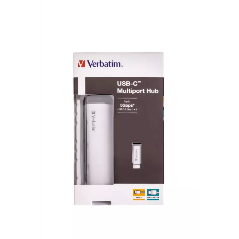 Verbatim USB-C Multiport Hub Czteroportowy koncentrator USB 3.2 Gen 1, USB 3.2 Gen 1 (3.1 Gen 1) Typ-C, USB 3.2 Gen 1 (3.1 Gen 1) Typ-A, 5000 Mbit/s, Szary, Aluminium, Tworzywo sztuczne, 0,15 m