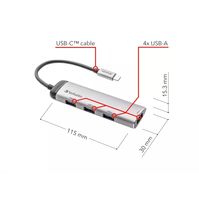 Verbatim USB-C Multiport Hub Czteroportowy koncentrator USB 3.2 Gen 1, USB 3.2 Gen 1 (3.1 Gen 1) Typ-C, USB 3.2 Gen 1 (3.1 Gen 1) Typ-A, 5000 Mbit/s, Szary, Aluminium, Tworzywo sztuczne, 0,15 m