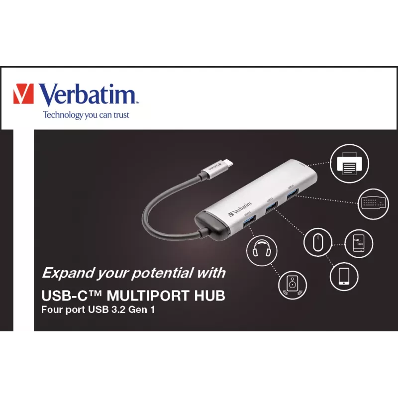 Verbatim USB-C Multiport Hub Czteroportowy koncentrator USB 3.2 Gen 1, USB 3.2 Gen 1 (3.1 Gen 1) Typ-C, USB 3.2 Gen 1 (3.1 Gen 1) Typ-A, 5000 Mbit/s, Szary, Aluminium, Tworzywo sztuczne, 0,15 m