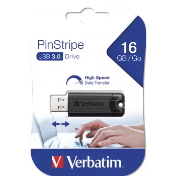 Verbatim PinStripe 3.0 - USB 3.0 Drive 16 GB – Czarny, 16 GB, USB Type-A, 3.2 Gen 1 (3.1 Gen 1), Slide, 7 g, Czarny
