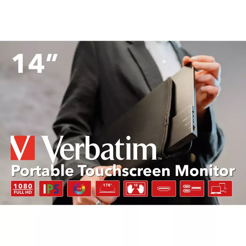 Verbatim 49591 monitor komputerowy 35.6 cm (14 inch) 1920 x 1080 pikseli Full HD LCD ekran dotykowy Czarny