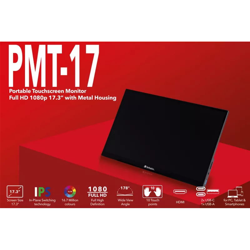 Verbatim 49593 monitor komputerowy 43,9 cm (17,3 cala) 1920 x 1080 pikseli Full HD LCD ekran dotykowy Czarny