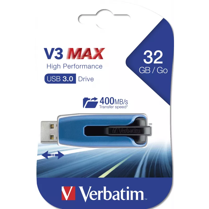 Verbatim V3 MAX – pamięć USB 3.0 32 GB – niebieska, 32 GB, USB typu A, 3.2 Gen 1 (3.1 Gen 1), 175 MB/s, wysuwana, niebieska