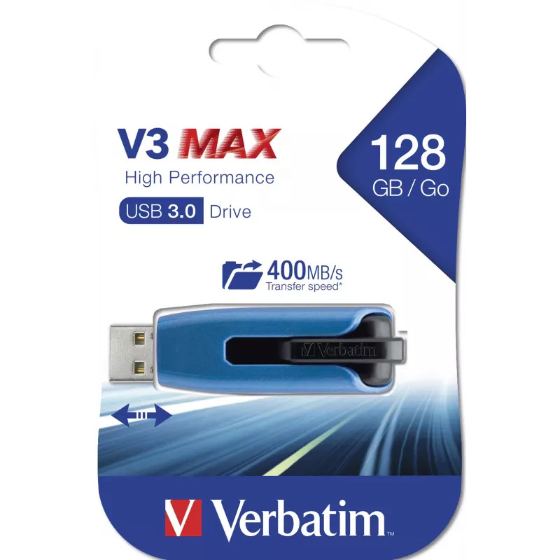 Verbatim V3 MAX - USB 3.0 Drive 128 GB - Niebieski, 128 GB, USB Type-A, 3.2 Gen 1 (3.1 Gen 1), 175 MB/s, Slide, Czarny, Niebieski