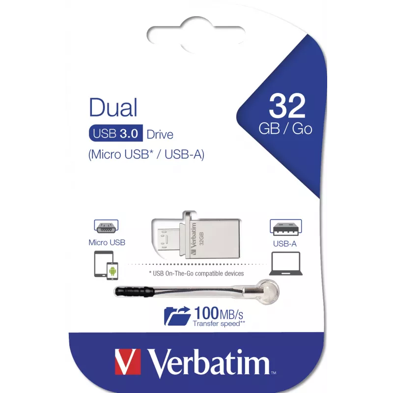 Pamięć USB Verbatim Store 'n' Go OTG Micro 32 GB USB Typ-A / Micro-USB 3.2 Gen 1 (3.1 Gen 1) Srebrny