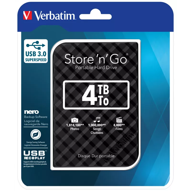 Verbatim Store 'n' Go USB 3.0 Hard Drive 4TB Czarny, 4 TB, 3.2 Gen 1 (3.1 Gen 1), 5400 RPM, Czarny