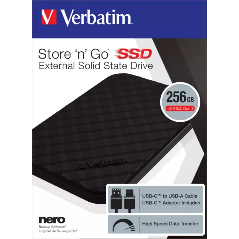 Verbatim Store 'n' Go Przenośny dysk SSD USB 3.2 GEN 1 256GB, 256 GB, USB Type-C, 3.2 Gen 1 (3.1 Gen 1), Czarny