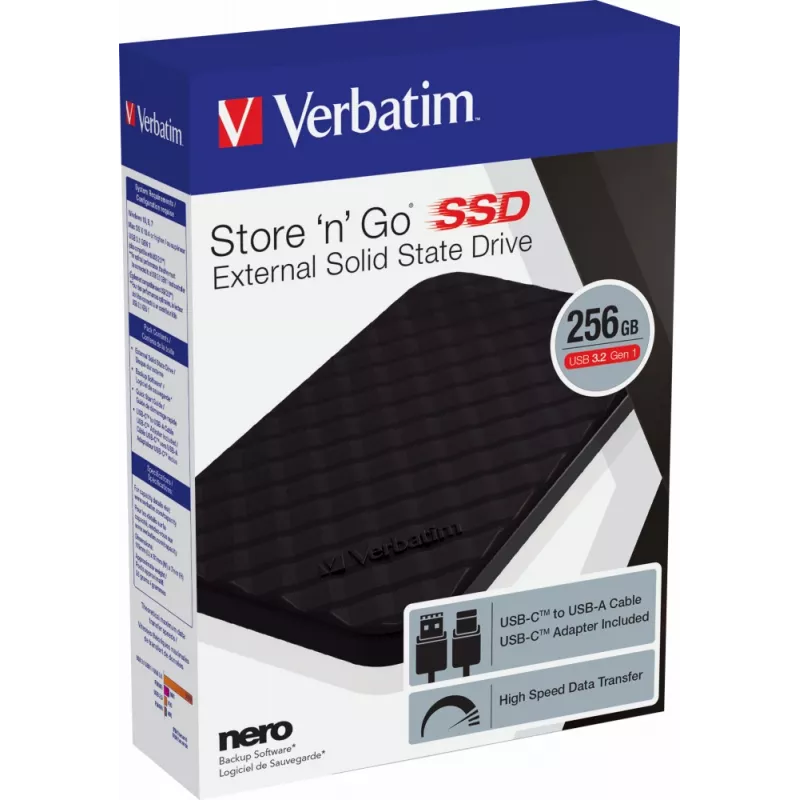 Verbatim Store 'n' Go Przenośny dysk SSD USB 3.2 GEN 1 256GB, 256 GB, USB Type-C, 3.2 Gen 1 (3.1 Gen 1), Czarny