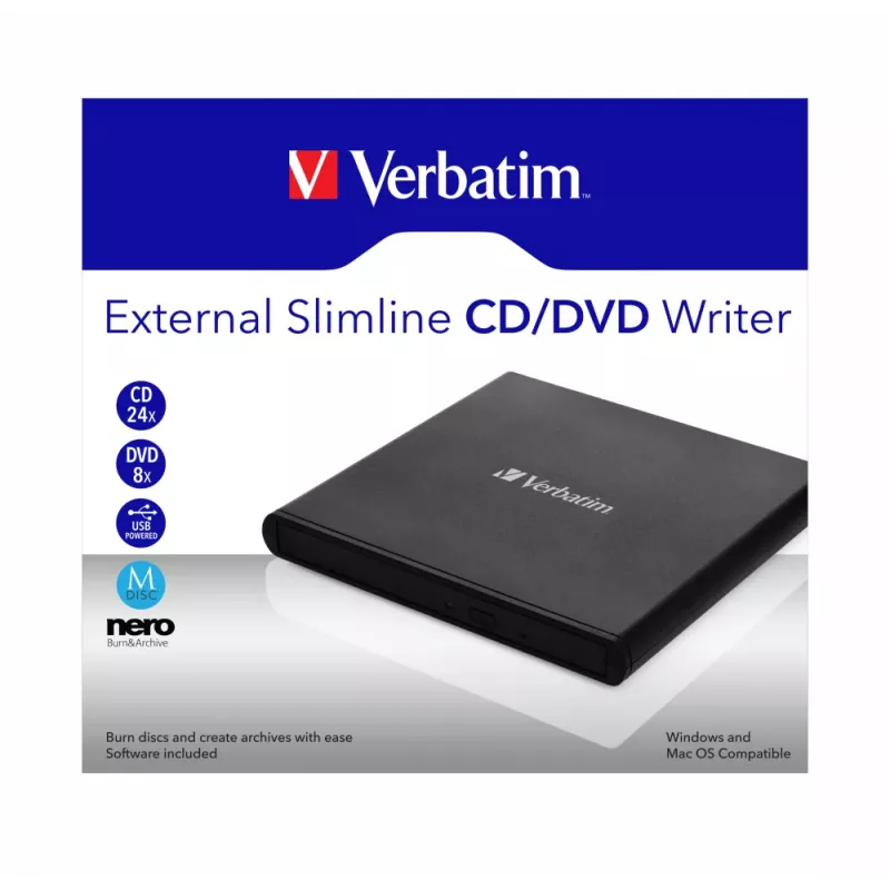 Zewnętrzna nagrywarka CD/DVD Verbatim External Slimline, napęd optyczny DVD±RW, czarny