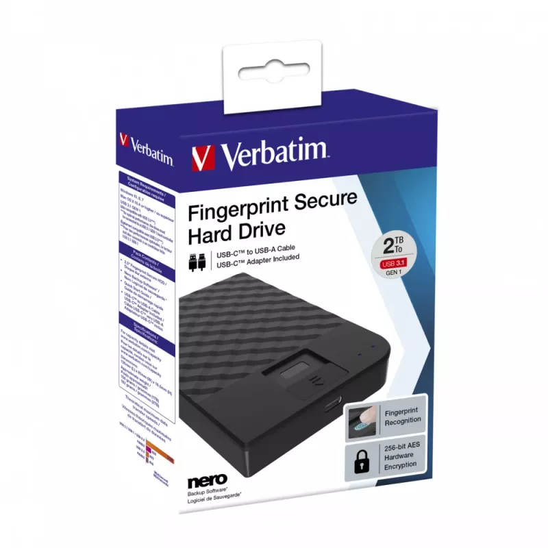 Verbatim Fingerprint Secure Portable Hard Drive 2TB, 2 TB, 3.2 Gen 1 (3.1 Gen 1), Czarny