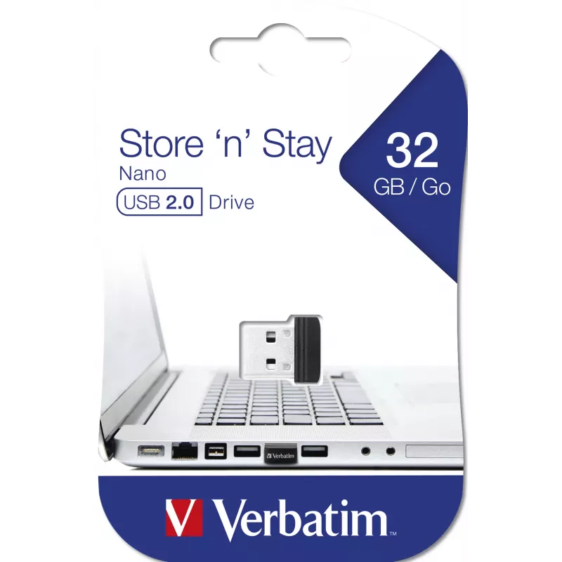 Verbatim Store 'n' Stay NANO - USB Drive 32 GB - Czarny, 32 GB, USB Type-A, 2.0, 10 MB/s, Capless, Czarny