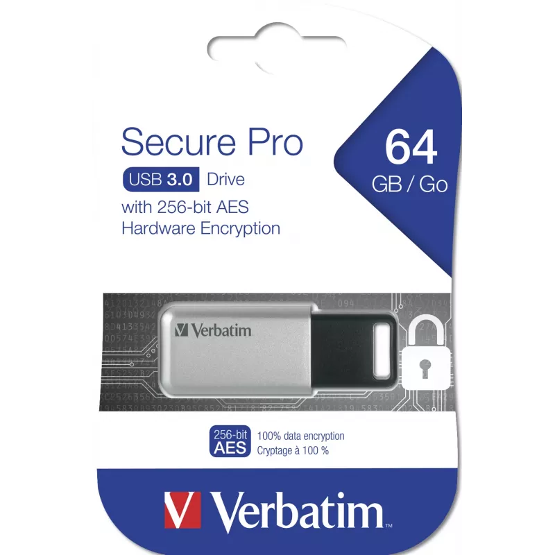 Verbatim Secure Pro - USB 3.0 Drive 64 GB - srebrny, 64 GB, USB Type-A, 3.2 Gen 1 (3.1 Gen 1), 35 MB/s, Cap, Czarny, szary