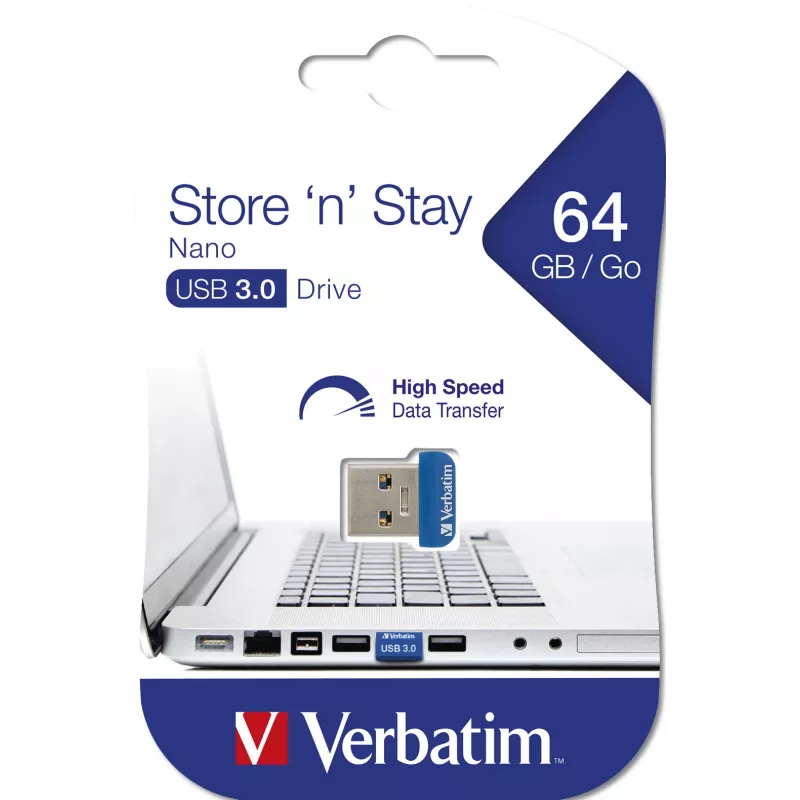 Verbatim Store 'n' Stay NANO - Pamięć USB 3.0 64 GB - Niebieski, 64 GB, USB typu A, 3.2 Gen 1 (3.1 Gen 1), Nakładka, 3 g, Niebieski