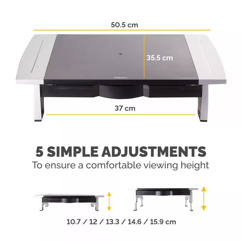 Podstawka pod monitor Fellowes z 5-stopniową regulacją wysokości - Office Suites podstawka pod monitor z tacką do przechowywania - Ergonomiczna regulowana podstawka pod monitor do komputerów - Maks. obciążenie 36 kg / maks. rozmiar 28 inch - grafitowa