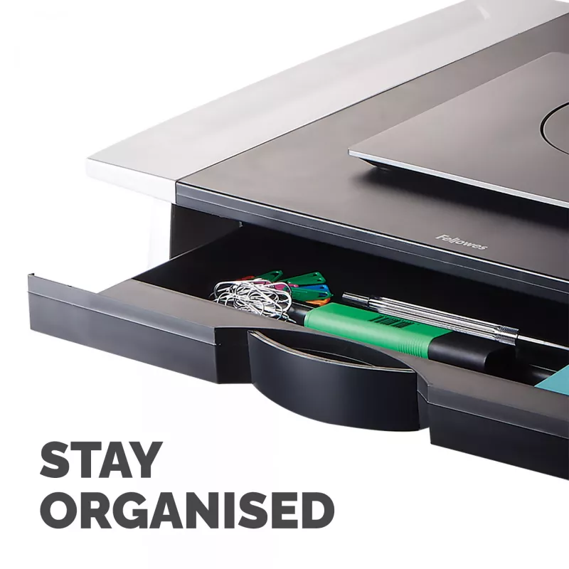 Podstawka pod monitor Fellowes z 5-stopniową regulacją wysokości - Office Suites podstawka pod monitor z tacką do przechowywania - Ergonomiczna regulowana podstawka pod monitor do komputerów - Maks. obciążenie 36 kg / maks. rozmiar 28 inch - grafitowa
