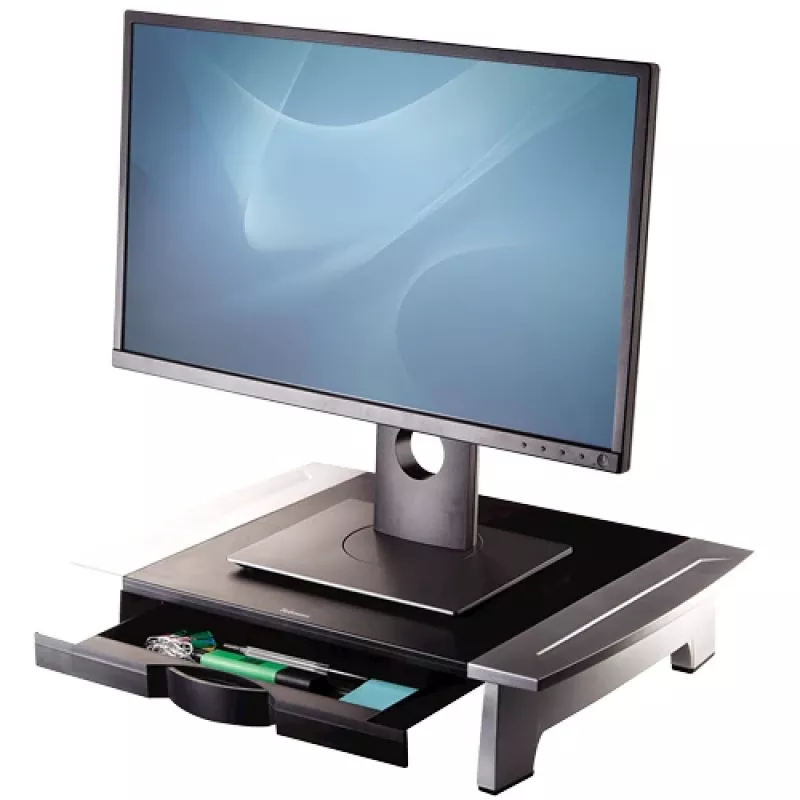 Podstawka pod monitor Fellowes z 5-stopniową regulacją wysokości - Office Suites podstawka pod monitor z tacką do przechowywania - Ergonomiczna regulowana podstawka pod monitor do komputerów - Maks. obciążenie 36 kg / maks. rozmiar 28 inch - grafitowa