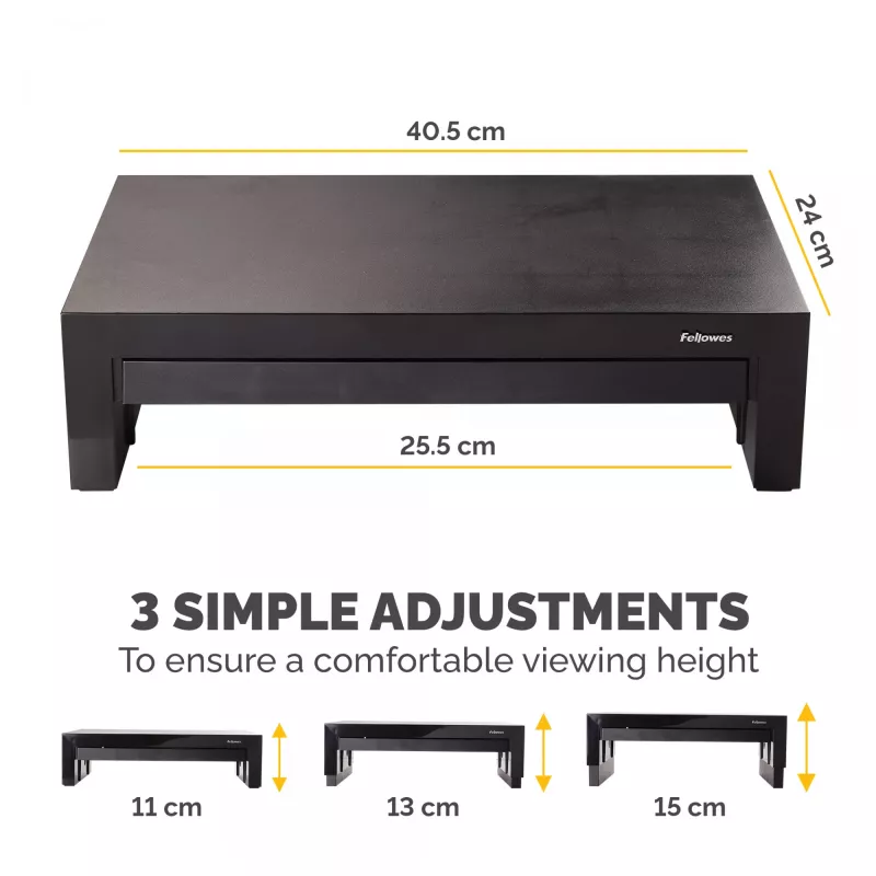 Fellowes Computer Monitor Stand with 3 Height Adjustments - Designer Suites Monitor Riser with Storage Tray - Ergonomic Adjustable Monitor Stand for Computers - Max Weight 18KG/Max Size 21 inch - Czarny/Pearl