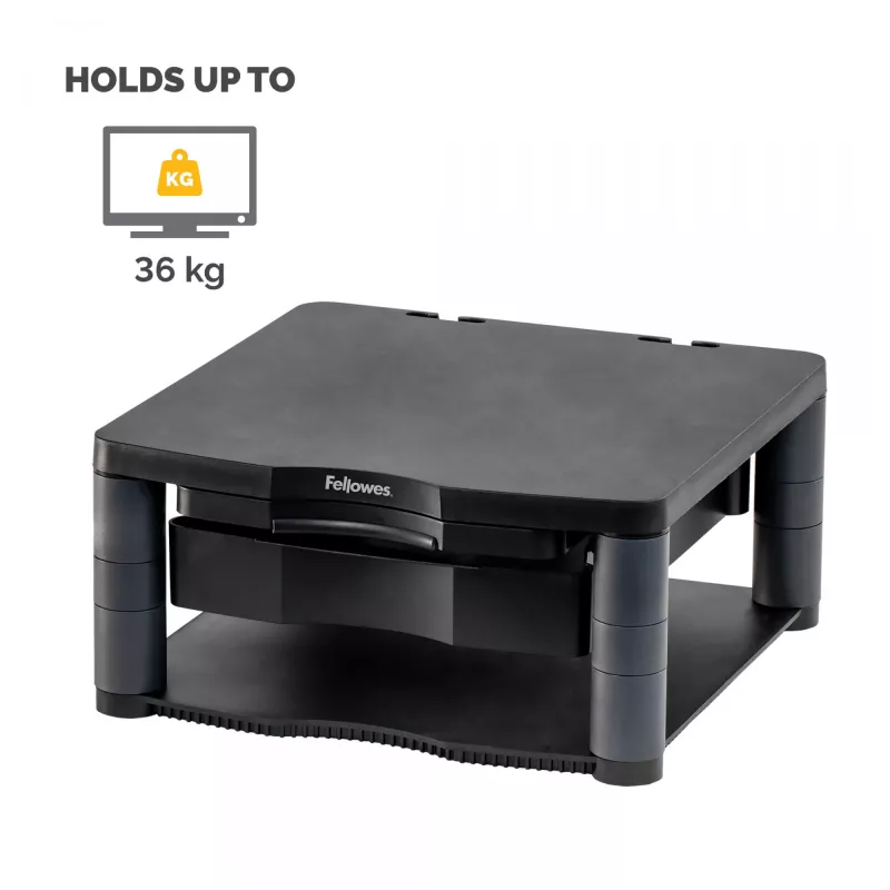 Podstawka pod monitor Fellowes z 3 regulacjami wysokości - Premium Monitor Riser Plus z zarządzaniem kablami - Ergonomiczna regulowana podstawka pod monitor do komputerów - Maks. waga 36 kg/Maks. rozmiar 21 cali - Grafitowa