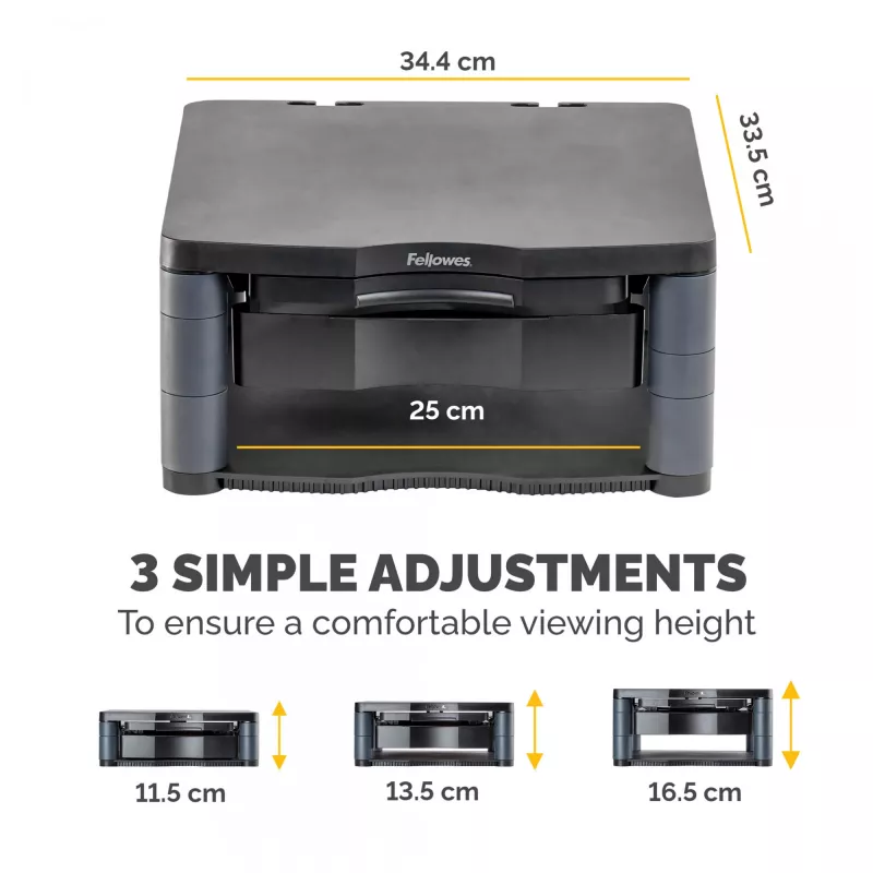 Podstawka pod monitor Fellowes z 3 regulacjami wysokości - Premium Monitor Riser Plus z zarządzaniem kablami - Ergonomiczna regulowana podstawka pod monitor do komputerów - Maks. waga 36 kg/Maks. rozmiar 21 cali - Grafitowa