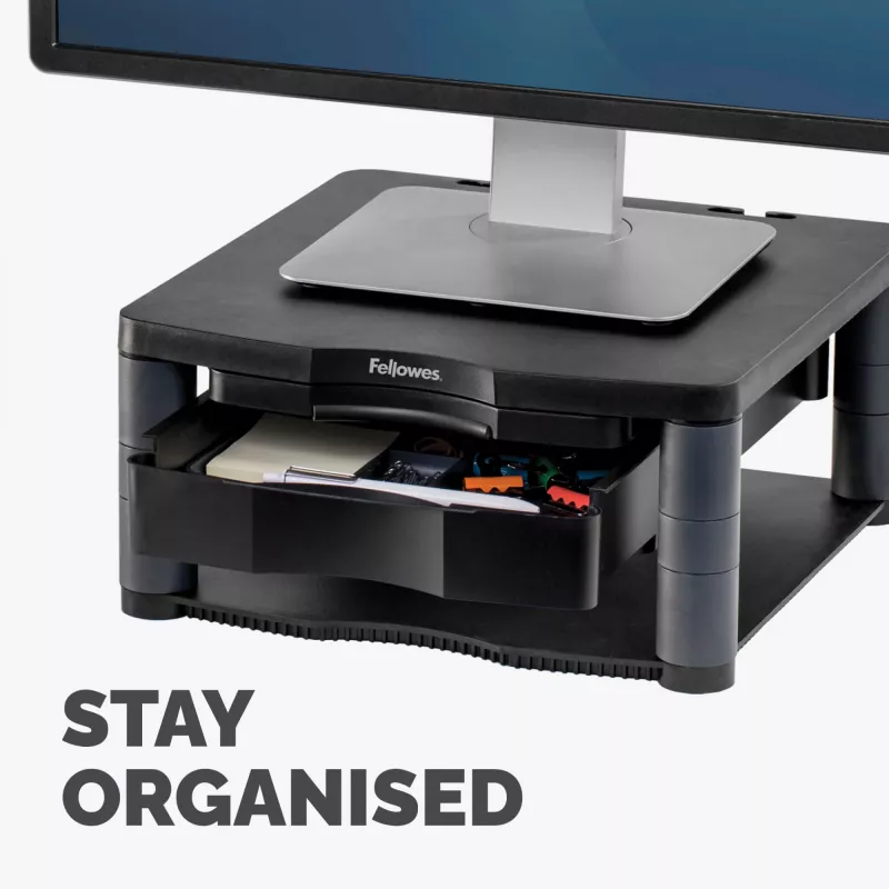 Podstawka pod monitor Fellowes z 3 regulacjami wysokości - Premium Monitor Riser Plus z zarządzaniem kablami - Ergonomiczna regulowana podstawka pod monitor do komputerów - Maks. waga 36 kg/Maks. rozmiar 21 cali - Grafitowa