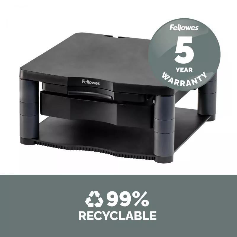 Podstawka pod monitor Fellowes z 3 regulacjami wysokości - Premium Monitor Riser Plus z zarządzaniem kablami - Ergonomiczna regulowana podstawka pod monitor do komputerów - Maks. waga 36 kg/Maks. rozmiar 21 cali - Grafitowa