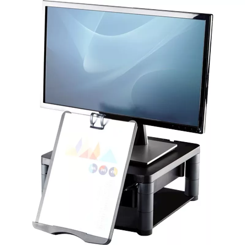 Podstawka pod monitor Fellowes z 3 regulacjami wysokości - Premium Monitor Riser Plus z zarządzaniem kablami - Ergonomiczna regulowana podstawka pod monitor do komputerów - Maks. waga 36 kg/Maks. rozmiar 21 cali - Grafitowa