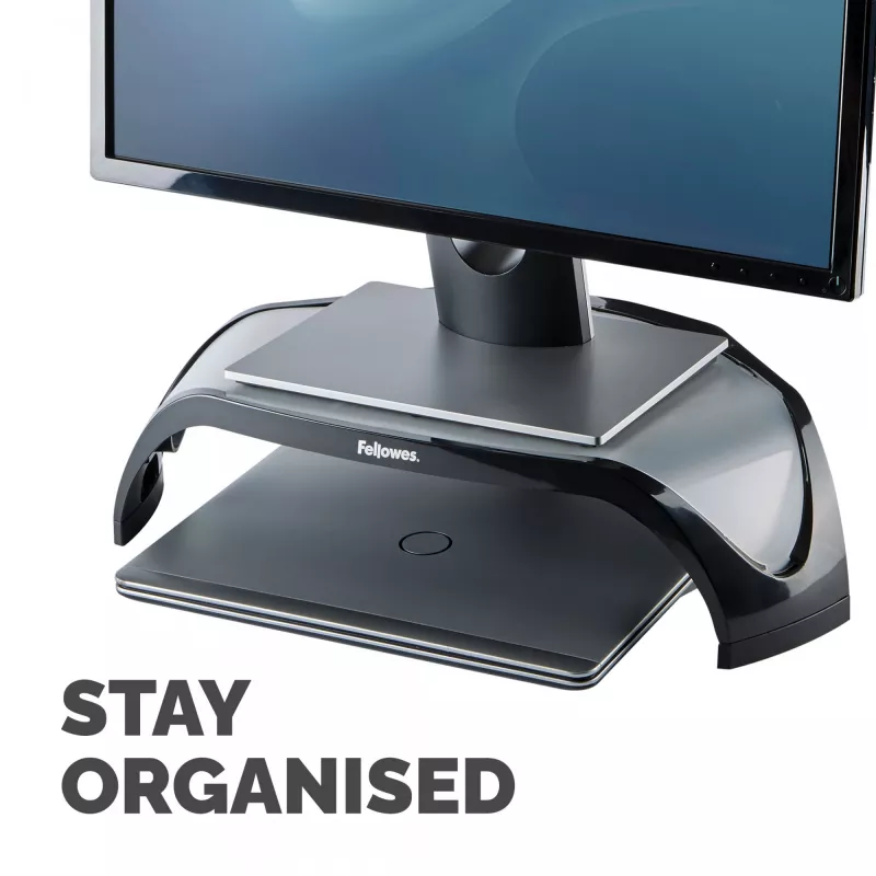 Podstawka pod monitor Fellowes z 3-stopniową regulacją wysokości - Smart Suites Monitor Riser - Ergonomiczna regulowana podstawka pod monitor do komputerów - Maks. waga 10 kg / Maks. rozmiar 21 cali - Czarna