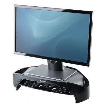 Podstawka pod monitor Fellowes z 3-stopniową regulacją wysokości - Smart Suites Monitor Riser Plus z miejscem do przechowywania - Ergonomiczna regulowana podstawka pod monitor do komputerów - Maks. waga 10 kg / Maks. rozmiar 21 cali - Czarna