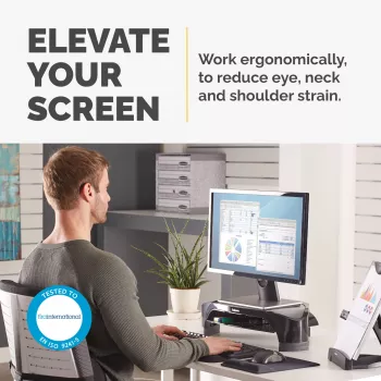 Podstawka pod monitor Fellowes z 3-stopniową regulacją wysokości - Smart Suites Monitor Riser Plus z miejscem do przechowywania - Ergonomiczna regulowana podstawka pod monitor do komputerów - Maks. waga 10 kg / Maks. rozmiar 21 cali - Czarna